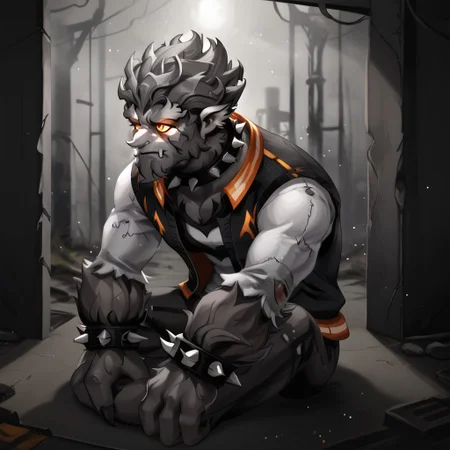 zPDXL3, score_7_up, score_8_up, Expressiveh,
BREAK,
fntrundle, male focus, full body, grey skin, lower fangs, hairy, jacket, spiked collar, spiked bracelet, looking away, closed mouth, half open eyes, sitting, dramatic, moonlight, indoors, dust particles, abandoned setting,