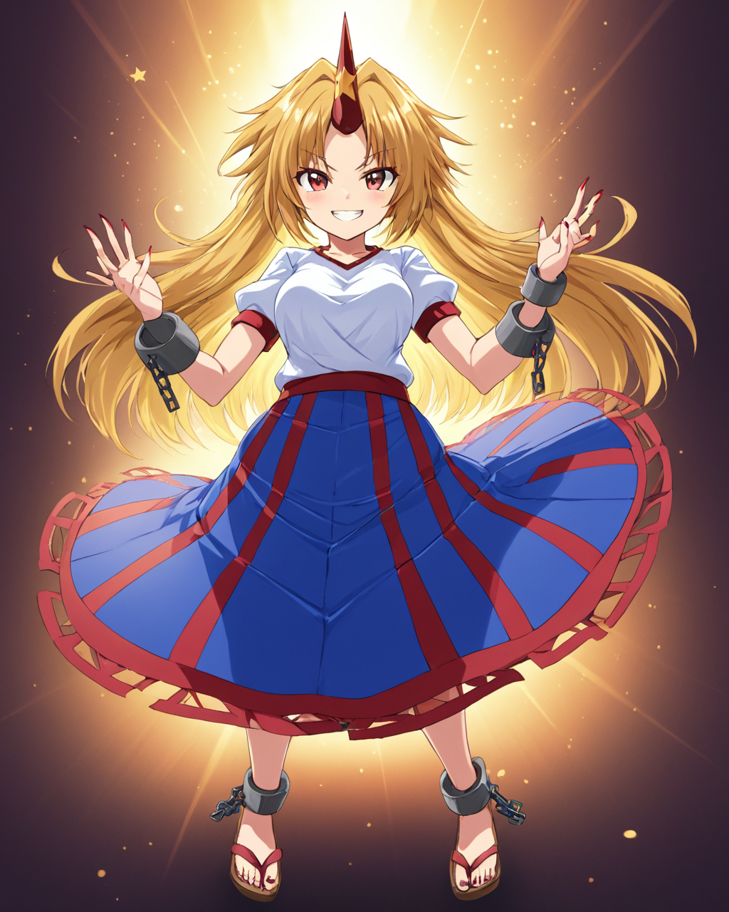 hoshiguma yuugi,1girl, solo, sakazuki, single_horn, geta, shackles, star_\(symbol\), nail_polish, breasts, grin, white_shirt, chain, fingernails, short_sleeves, blush, toenails, blue_skirt
<lora:hoshiguma_yuugi_image3866_2023-12-17-000008:1>,star-shaped_pupils,symbol-shaped_pupils,. gorgeous,key visual, vibrant, studio anime,award-winning, professional, highly detailed,high budget, cinemascope