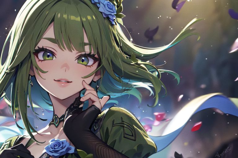 (masterpiece:1.4), 4K8K, (anime style), (high shutterspeed:1.4), (sharp edges), 
SyFyEye1, FanFo, 
1woman  hands togather,  leaning foward, face focus, smile, closed mouth, 
wearing Celtic style dress, (Detailed face, Detailed eyes, Detailed lips), (solo), 
olive hair, any colored roses, Fantastic, turf,