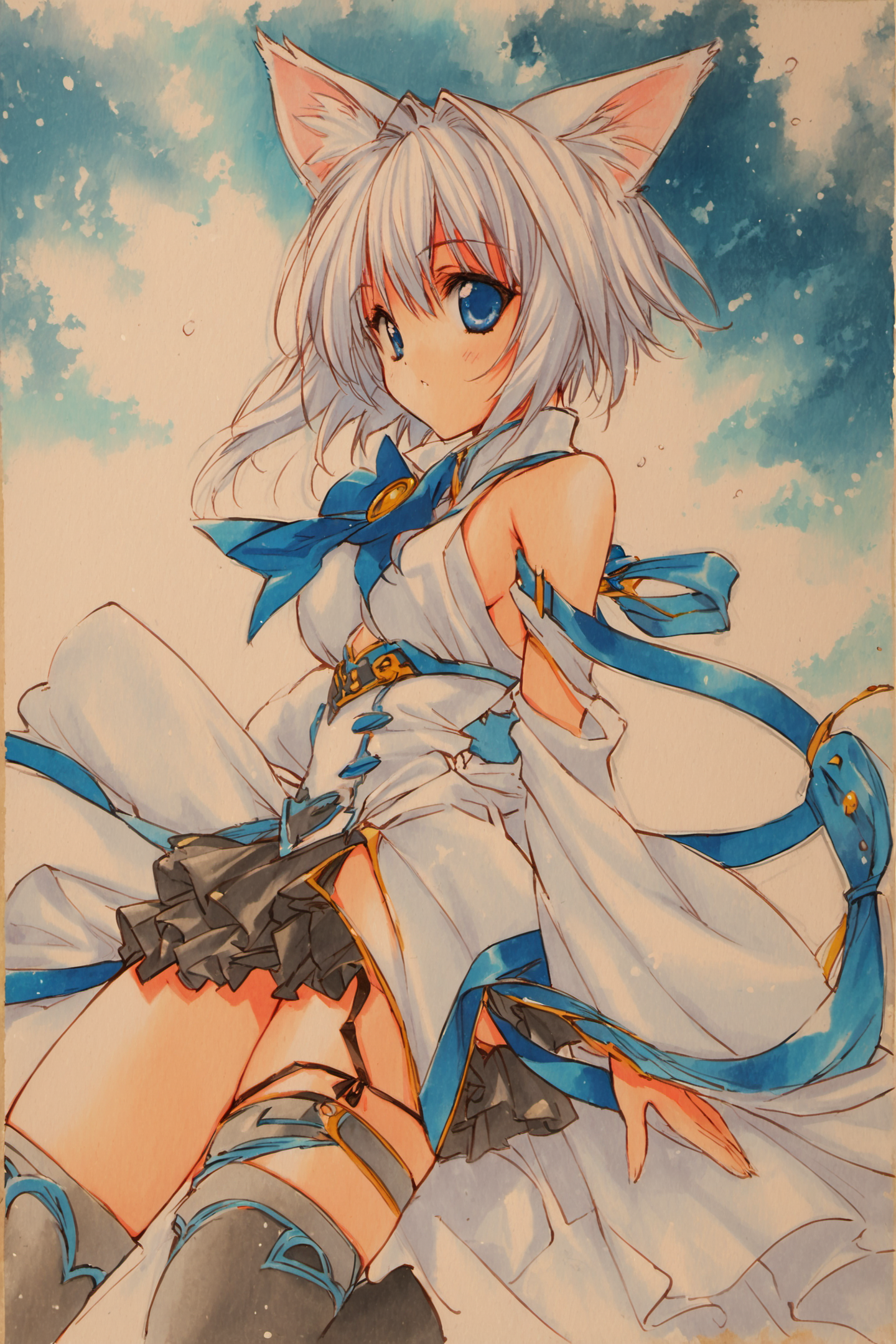 1girl, solo, animal ears, thighhighs, blue eyes, white hair, short hair, cat ears, detached sleeves,traditional media,<lora:Aoi Nanase_XL:0.9>,