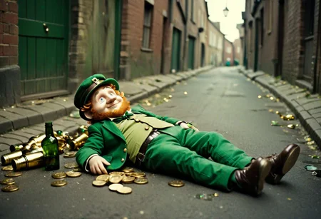 cinematic still an image of a (completely drunk) solitary leprechaun lying in a back street, dirty, (empty bottles rolling around), his pockets bulging with gold coins. depressing, vignette, 4k epic detailed, shot on kodak, 35mm photo, sharp focus, high budget, cinemascope, moody, epic, gorgeous, film grain, grainy, clear, epic, cinematic, professional, sincere, thought, artistic, sharp focus
