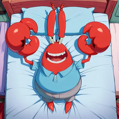 masterpiece, best quality, amazing quality, Mr_krabs, red skin, claws, blue shirt, smiling, grin, Male, teeth, detailed teeth, good shading, Full body, arms up, open mouth, lying on his side, on a bed
