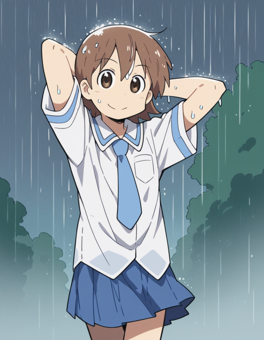 score_9, score_8_up, score_7_up, source_anime, <lora:yuuko-aioi-s1-ponyxl-lora-nochekaiser:1>, yuuko aioi, short hair, brown hair, brown eyes,, skirt, school uniform, necktie, tokisadame school uniform, rainy day, umbrella, walking home, puddles, wet hair, smile, hands behind head,, looking at viewer, solo,, dutch angle, cowboy shot