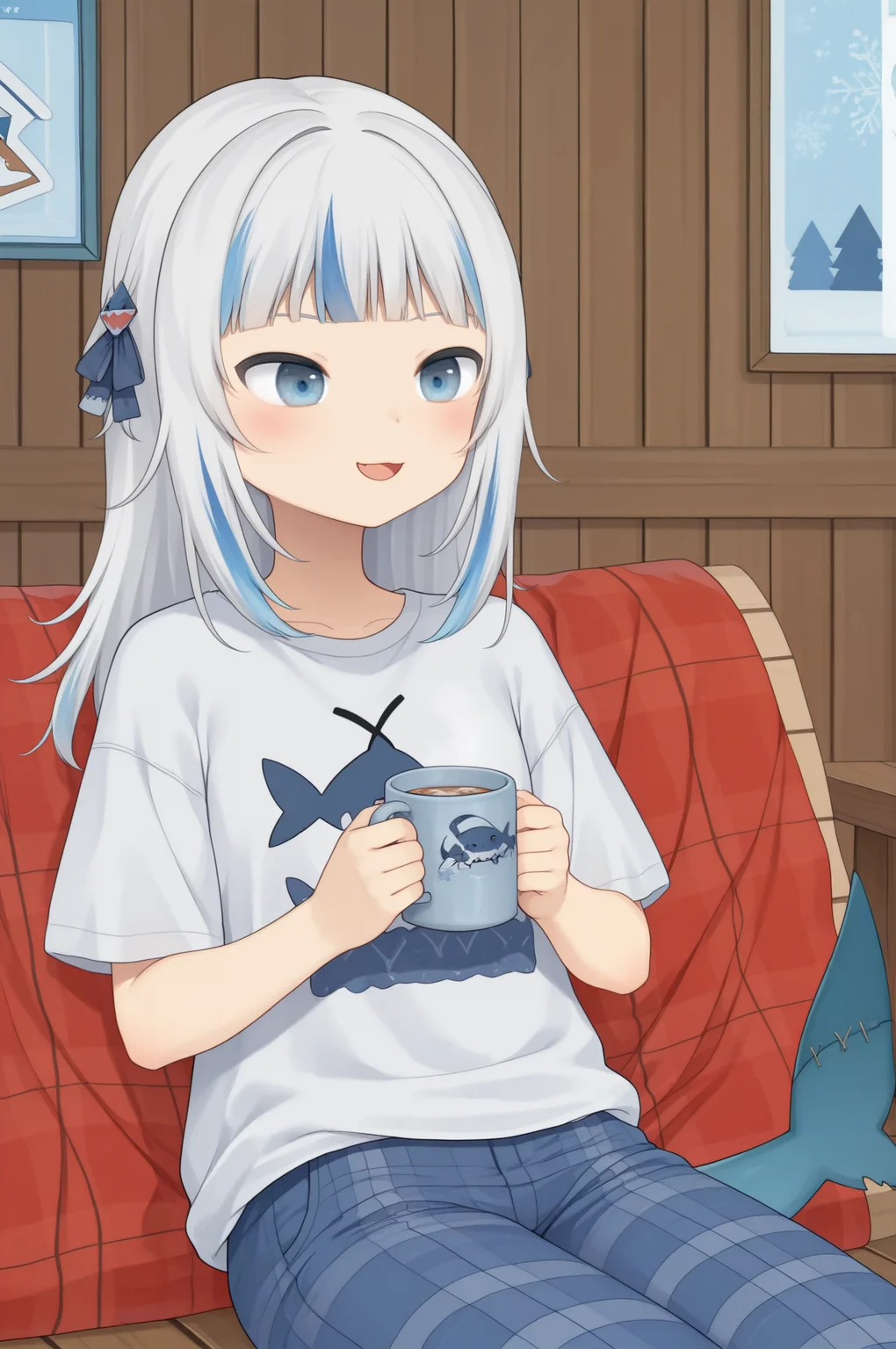 1girl, solo, Gawr Gura, shorty, white t-shirt, plaid home pants, under checkered blanket, sits, holding a mug of hot tea,   indoors, plain wooden wall,   <lora:Gawr_Gura-Winter_Outfit-Illustrious:1>