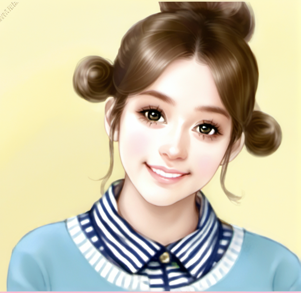 The image shows a painting of a woman wearing a blue sweater and a striped shirt, with a watermark on the right side. She has a cheerful expression on her face, and her hair is tied up in a neat bun. Her eyes are bright and her lips are slightly parted, giving her a warm and inviting look. She is surrounded by a light blue background, and the painting has a soft, dreamy quality to it. <lora:å°è¯´ç«ç»-000009:0.8>,