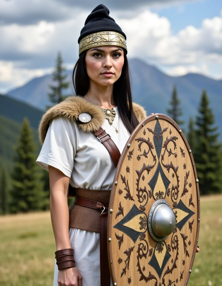 Dacian a woman with a falx and a white shirt is standing in front of a mountain. Woman wear a dacian hat and hold a dacian decorated ovel shield. <lora:DaciiV6:1>