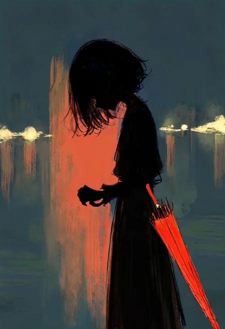 masterpiece, newest,absurdres, best quality, amazing quality, very aesthetic, solo, 1girl, drawing, minimalist, umbrella, victorian_era, gothic_aesthetic, sensual, attractive, seduction, closed_eyes, silhouette, bold_lines, hard_shadow, black_and_white, red_highlight, gold_highlight, gradients, digital painting, sketch, bright colors, night, <lora:Illustrious/fuyumur4s4ki_style.safetensors:0.5:0.5> <lora:Illustrious/CHOo_illu.safetensors:0.5:0.5>