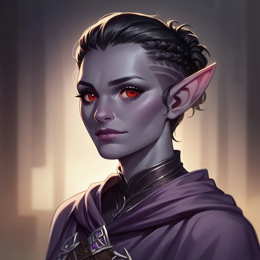 (((detailed, beautiful, high quality))), score_9, score_8_up, score_7_up, upper body,
drow, dark elf, pointed ears,
1 girl, black hair, short hair, shaved temples, full red eyes, gray blue skin, purple robe,
looking at the viewer, posing,
blurred background, fantasy background, dark background,