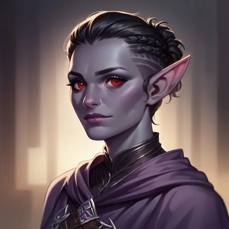 (((detailed, beautiful, high quality))), score_9, score_8_up, score_7_up, upper body,
drow, dark elf, pointed ears,
1 girl, black hair, short hair, shaved temples, full red eyes, gray blue skin, purple robe,
looking at the viewer, posing,
blurred background, fantasy background, dark background,