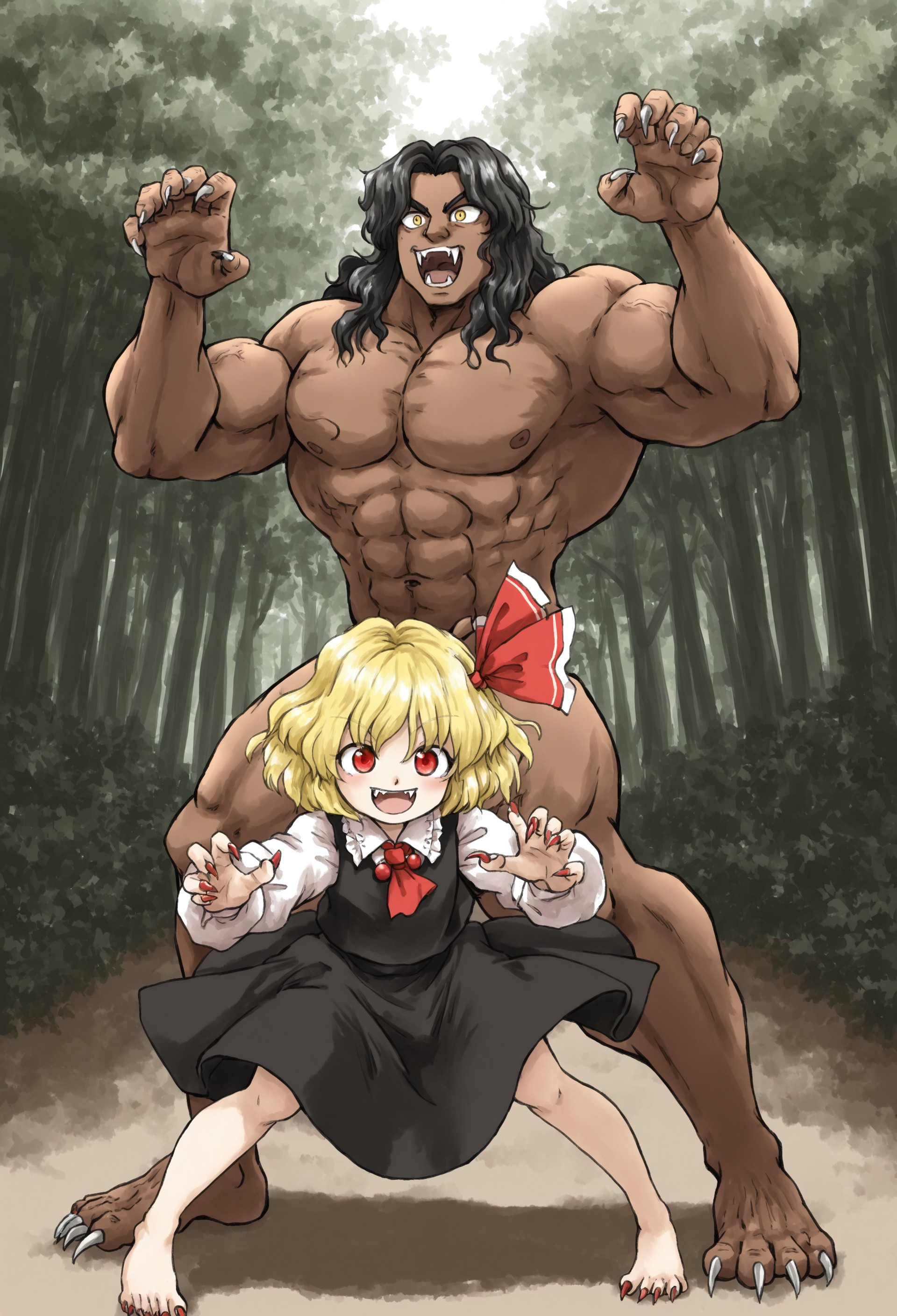 EoSD, watercolor, (best quality:2.0), masterpiece, absurdres, forest, size difference, height difference, 1girl, 1boy, BREAK, 
bkp1ckle, muscular male, tall male, yellow eyes, happy, open mouth, claws, battle stance, showing off claws, ADDROW, 
rumia (touhou), red eyes, happy, excited, open mouth, fangs, claws, battle stance, showing off claws, bare feet, feet claws, ADDROW