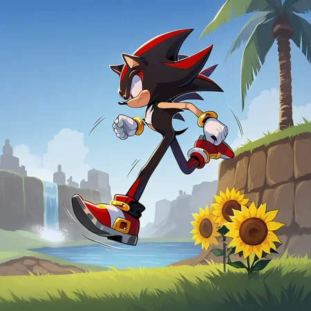 score_9, score_8_up, score_7_up, score_6_up, score_5_up, score_4_up, zPDXL2,source_anime,rating_questionable, 1girl, solo, shadow the hedgehog, air shoes, from side, running, motion blur, motion lines, scowl, <lora:Green_Hill_Zone:0.7> gr33nh1ll, outdoors, grass, blue sky, palm tree, sunflowers, checkered dirt, waterfalls,