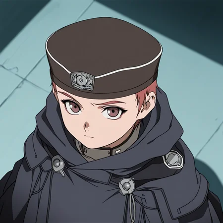 best quality,8k,masterpiece,1girl,solo,kino mayumi,sailor hat,anime coloring,coat,military hat,brown eyes,from above,red hair,looking at viewer,<lora:mayumi_kino_Lora_for_IL:1>,oversized_coat,badge,