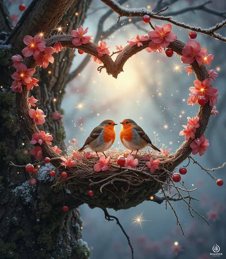 At the heart of an enchanted winter forest, beneath the protective embrace of an ancient oak tree, two red robins weave the most delicate love story—one twig, one feather, one petal at a time. Their tiny beaks work in perfect harmony, crafting a heart-shaped nest, each carefully chosen branch curving into the perfect symbol of devotion. Lined with soft down and dusted with crimson berry sprigs, the nest glows under the golden light of the setting sun, as if it holds the very essence of love itself.  

As one robin gently tucks a final, heart-shaped cherry blossom petal into place, the other perches close, their feathers brushing like the tender embrace of longtime lovers. A playful gust of wind carries a swirl of delicate, frost-kissed leaves through the air—each naturally shaped like tiny hearts, dancing around them like nature’s own confetti. The robins chirp in unison, their song a lilting melody of affection, as they lean in for a soft, fleeting touch of their beaks—a perfect avian kiss beneath a sky streaked with pink and gold.  

The enchanted forest around them sighs in admiration—distant deer pause near a frozen pond where ice naturally cracks into heart-shaped patterns, and fireflies emerge from their hidden alcoves, twinkling like celestial love notes against the dimming sky. Frost-kissed ivy curls into delicate heart loops around the oak’s massive roots, its shimmering tendrils wrapping their love nest in an embrace of silver and green.  

As twilight deepens, the heavens join in their romance—a pair of stars flicker side by side, forming the faintest outline of a glowing heart in the velvet dusk. Snowflakes drift lazily, some settling into the tiny hollow spaces between branches, naturally shaping themselves into miniature hearts. The robins snuggle close, their tails curling together like an infinity symbol, a quiet vow that their love—pure, gentle, and unwavering—will endure through every season, forever nestled in the heart of their enchanted home.  

