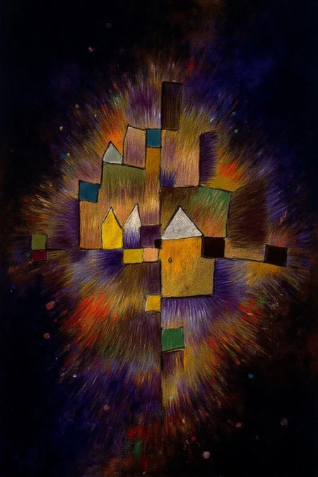paulklee1 painting.
A chaotic depiction of a cityscape lit up by colorful fireworks all around it.
<lora:paulklee1_cap_d8a4e6:1.0><lora:838879672369580083:0>