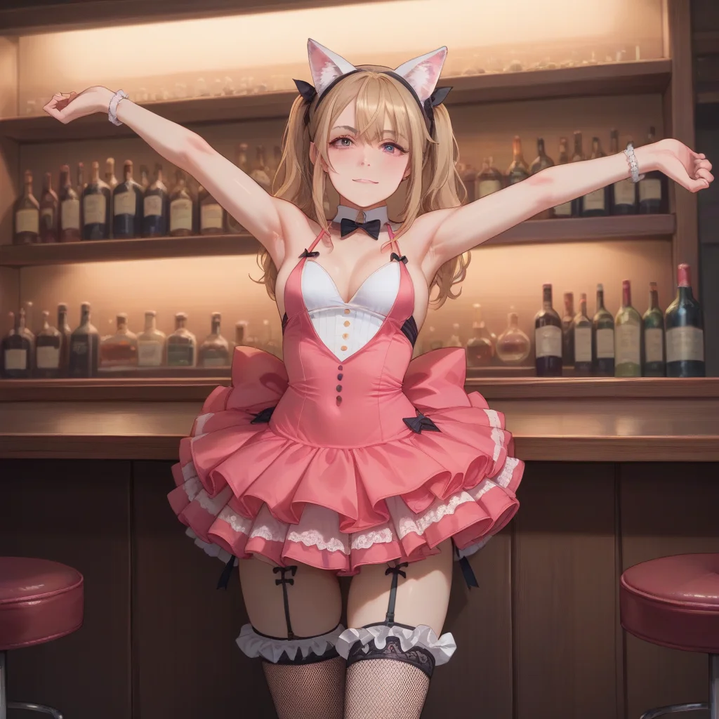 score_9, score_8_up, score_7_up, best quality, masterpiece, source_anime, zPDXL, zPDXL_xxx, BREAK
in bar, , solo
, <lora:add-detail-xl:1> <lora:detail_eyes:0.5>, 1girl, <lora:miko_kurokawa:1>,mikokurokawa, blonde hair, twintails, animal ears, fishnet thighhighs, garter straps, pink dress,, stretching pose, stretching the body with arms raised, showing off natural grace and poise