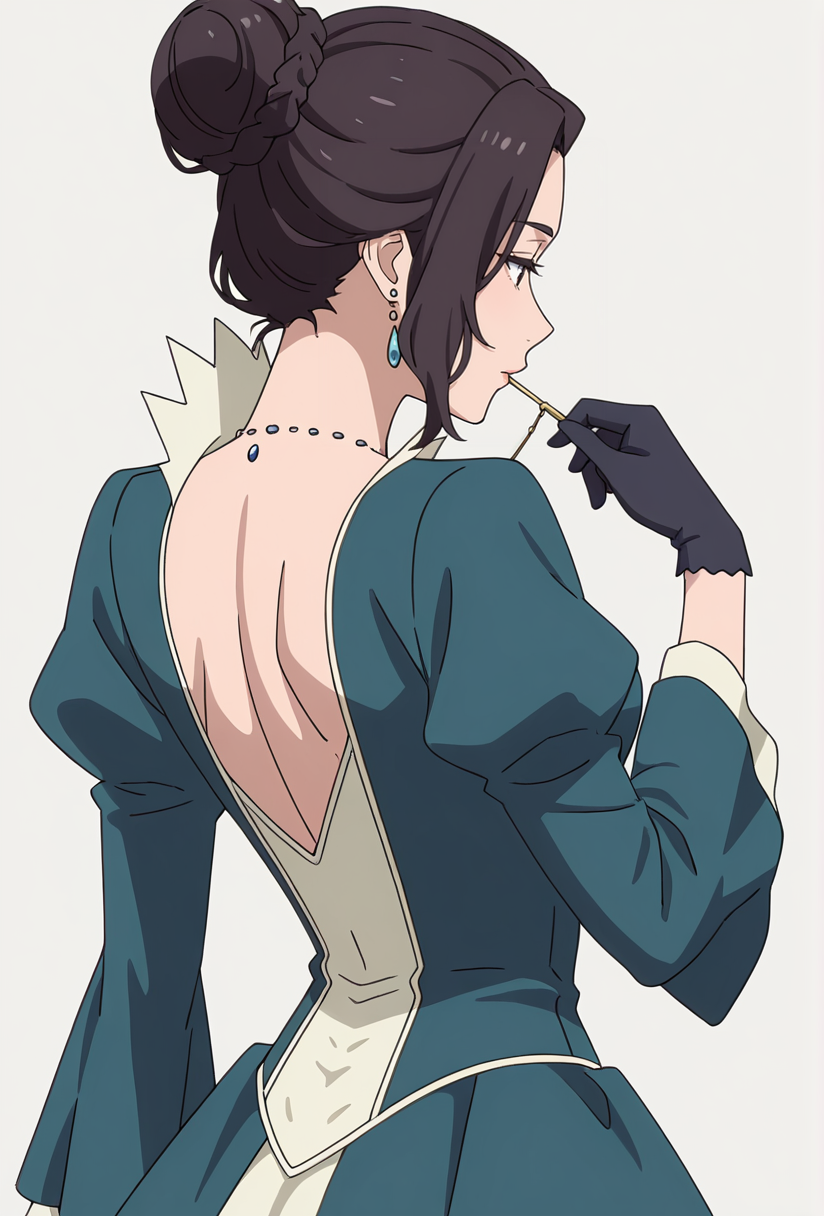 Smooth Quality,masterpiece,very intricate, high quality details, ultra realistic, high detailed skin,detailed enviorement,absurdres,
simple background, white background, 
bent back, Middle of spine pushed backwards,pensive,
 <lora:Blumund_Queen_cnn:0.8>blumundqueencnn,1girl, black hair, hair bun,
long sleeves, blue dress, black gloves,jewelry, necklace, 
<lora:HanasetoCNR_Styles:0.8> hanaseto_style_cnn