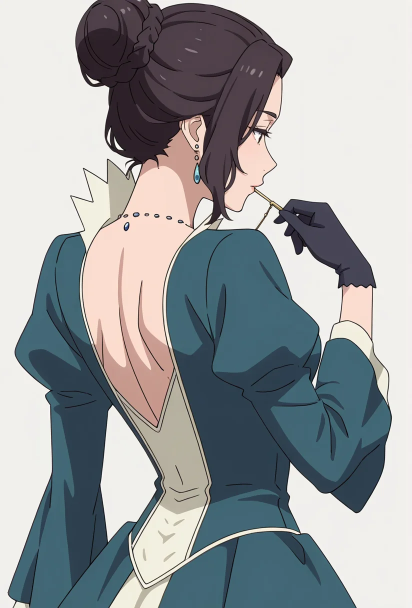 Smooth Quality,masterpiece,very intricate, high quality details, ultra realistic, high detailed skin,detailed enviorement,absurdres,
simple background, white background,
bent back, Middle of spine pushed backwards,pensive,
<lora:Blumund_Queen_cnn:0.8>blumundqueencnn,1girl, black hair, hair bun,
long sleeves, blue dress, black gloves,jewelry, necklace,
<lora:HanasetoCNR_Styles:0.8> hanaseto_style_cnn