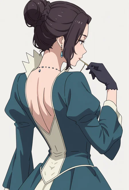 Smooth Quality,masterpiece,very intricate, high quality details, ultra realistic, high detailed skin,detailed enviorement,absurdres,
simple background, white background,
bent back, Middle of spine pushed backwards,pensive,
<lora:Blumund_Queen_cnn:0.8>blumundqueencnn,1girl, black hair, hair bun,
long sleeves, blue dress, black gloves,jewelry, necklace,
<lora:HanasetoCNR_Styles:0.8> hanaseto_style_cnn