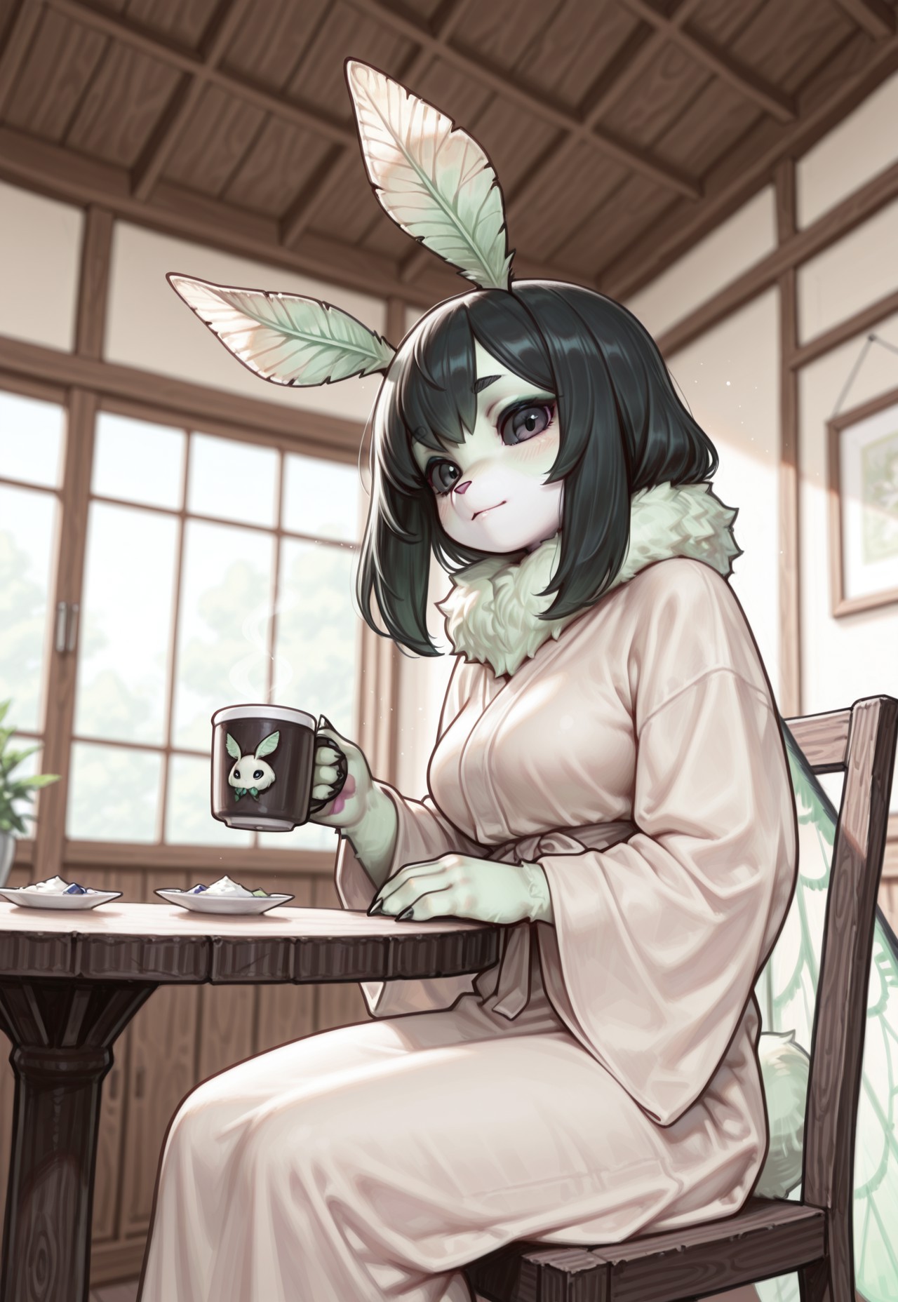 masterpiece, best quality, good quality, very awa, newest, highres, absurdres, highres, very aesthetic, (furry:1.5), fur, fur covered, (no humans:1.3),
BREAK,
1girl, female anthro moth, moth girl, moth wings, moth antennae, fluffy green fur, light green fur, short black hair, bright theme, claws, thin, thin limbs, looking at viewer, sitting, sitting on chair, holding coffee, simple robe, no sleeves, light yellow clothing, medium breasts, 
BREAK, indoors, cafe, modern setting, wood tables, blurry foreground, blurry background, well lit, perspective, evocative composition, cool color theme, depth of field