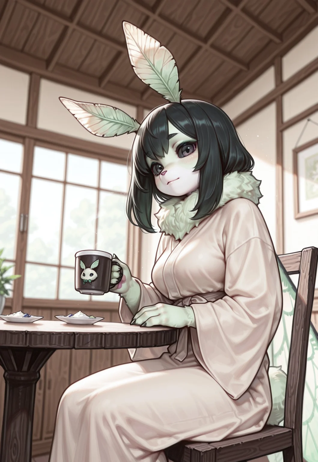 masterpiece, best quality, good quality, very awa, newest, highres, absurdres, highres, very aesthetic, (furry:1.5), fur, fur covered, (no humans:1.3),
BREAK,
1girl, female anthro moth, moth girl, moth wings, moth antennae, fluffy green fur, light green fur, short black hair, bright theme, claws, thin, thin limbs, looking at viewer, sitting, sitting on chair, holding coffee, simple robe, no sleeves, light yellow clothing, medium breasts,
BREAK, indoors, cafe, modern setting, wood tables, blurry foreground, blurry background, well lit, perspective, evocative composition, cool color theme, depth of field