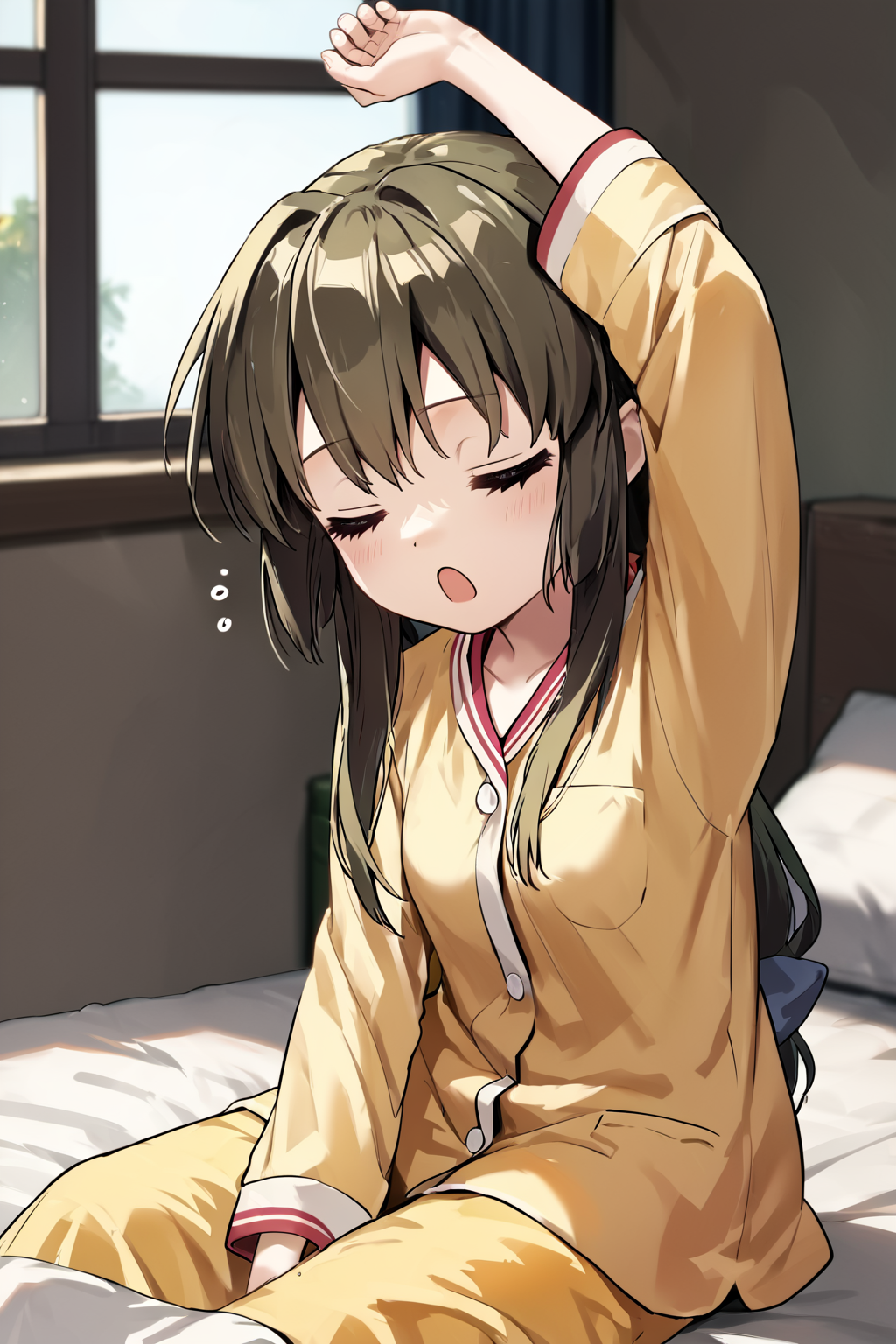 score_9, score_8_up, score_7_up, score_6_up, rating_questionable, source_anime, best quality, masterpiece, detailed background, 2.5d, bedroom, on bed, sitting on legs, w sitting, wariza, blankets, yellow pajamas, stretching, one arm up, (yawning), sleepy, closed eyes, cute, <lora:ibuki-fuko-xl-06:1>, ibuki fuko, small breasts, slight cleavage,