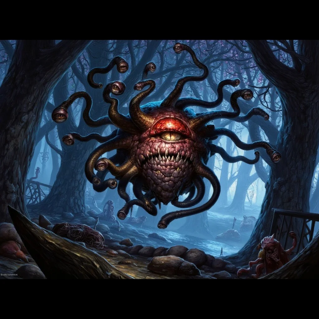 The Eldritch Beholder prowls a dense, misty forest at twilight, its central eye glowing a sinister red. The trees are gnarled and twisted, their branches reaching out like skeletal hands. Wisps of ethereal light float through the air, casting faint illumination on the Beholder's terrifying form. Its eyestalks dart between shadows, ever vigilant, as if hunting prey. The ground beneath it is littered with the remains of unfortunate travelers. bhlr