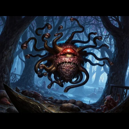 The Eldritch Beholder prowls a dense, misty forest at twilight, its central eye glowing a sinister red. The trees are gnarled and twisted, their branches reaching out like skeletal hands. Wisps of ethereal light float through the air, casting faint illumination on the Beholder's terrifying form. Its eyestalks dart between shadows, ever vigilant, as if hunting prey. The ground beneath it is littered with the remains of unfortunate travelers. bhlr