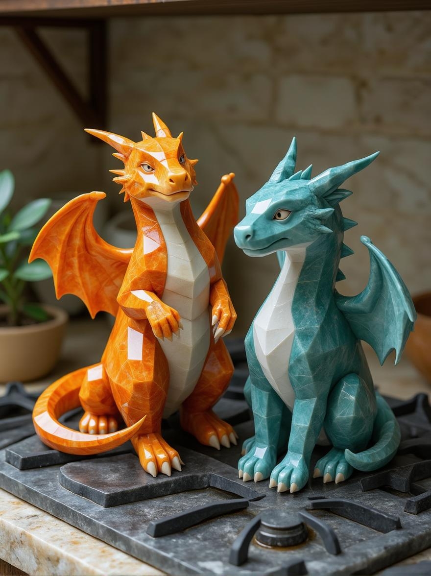 <lora:ck-polygon-gems-0019.safetensors:1> a crafted gemstone model in the style of cklg featuring a
In this extraordinary kitchen setting, two intricately crafted dragon sculptures take center stage. A vibrant orange dragon presents itself with textured scales and an upturned facial expression, while its teal counterpart exudes a gentle curiosity. The stovetop, worn to perfection, provides a nostalgic backdrop for the fantastical scene.
