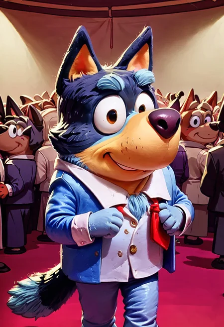 Bluey, score_9, score_8_up score_7_up, male, dressed as a professor giving a Ted talk, audience in background, Bluey style, detailed fur