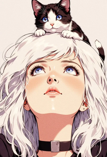 ( front wiev)a girl with white hair. looking upwards with a calm, dreamy expression. A small black and white cat is resting on her head, peeking over her hair and looking down at her with wide eyes. The artwork has a soft, illustrative style, and the girl's lips are slightly parted, adding to the serene mood. She is wearing a choker, long wave white hair The background is neutral, emphasizing the characters.