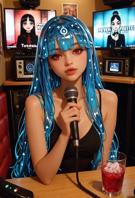 ultra-detailed,masterpiece, best quality, good quality, 8k,beautiful eyes, detailed eyes, detailed face, 
BREAK
hlbao, liquid hair, very long hair, blue hair, red eyes,
BREAK
j_karaoke, drinking_glass,monitor,microphone,table,
BREAK
Dark Theme,
BREAK
artist:moriimee,  <lora:MoriiMee_Gothic_Niji_Style_Illustrious_r1:0.6>, <lora:PowerPuffMixLora:0.5>,
BREAK