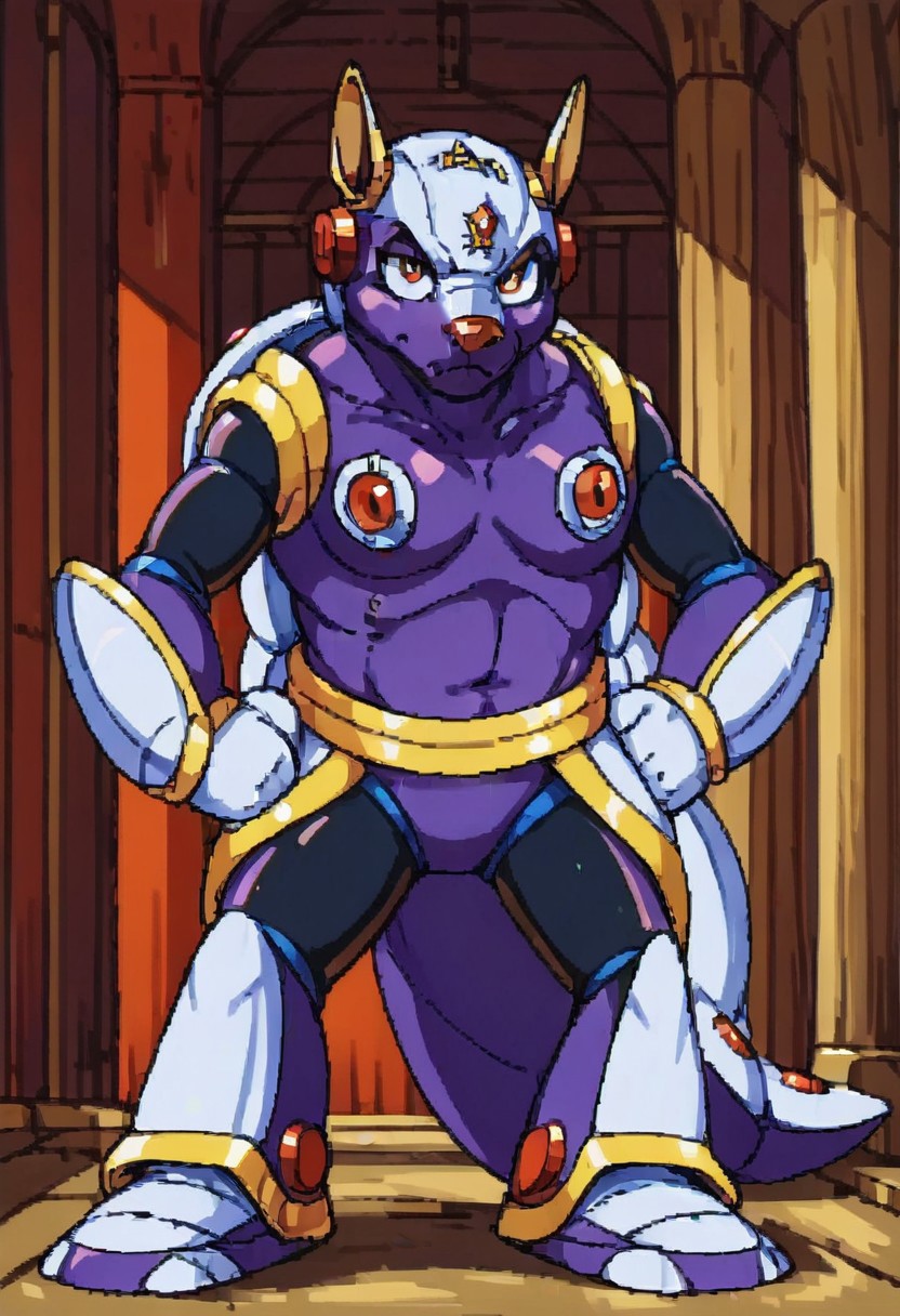 score_9, score_8_up, score_7_up, score_6_up, score_5_up, source_furry, maverick, armored armadillo, mmx, purple + gold armor, armadillo, metallic, robot animal, shell, red nose, armadillo ears, genderswap, 1girl, female, adult, breast, solo, looking at viewer, unamused, glare, hands on hip