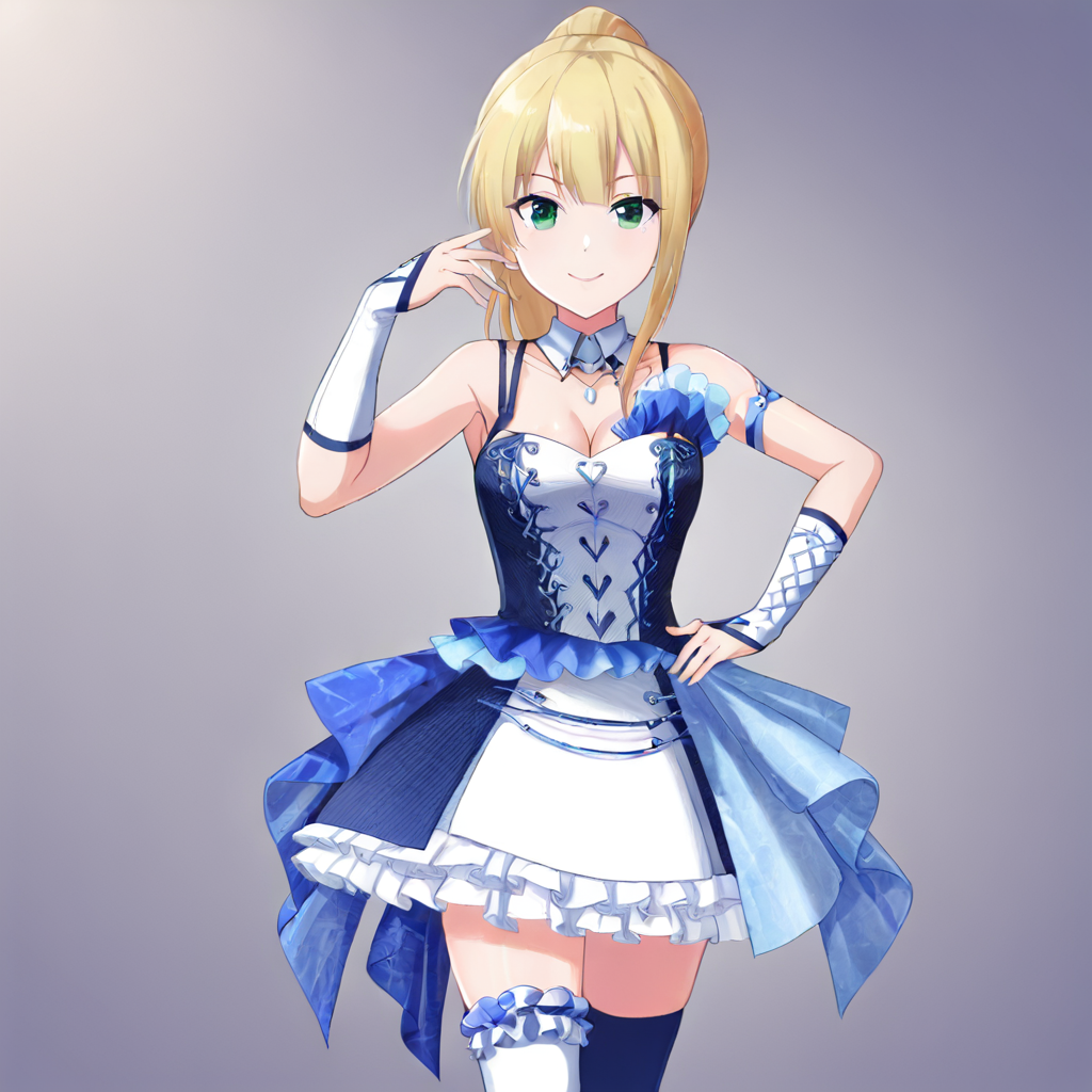 1girl, idol clothes, solo, blonde hair, ponytail, hand on hip, smile, cleavage, asymmetrical legwear, standing, looking at viewer,  single thighhigh, socks, closed mouth, white footwear,<lora:last:0.77>