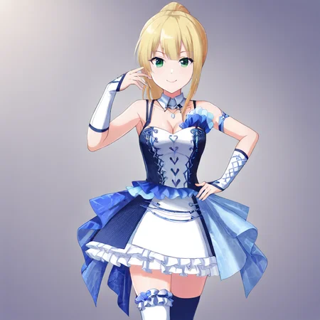 1girl, idol clothes, solo, blonde hair, ponytail, hand on hip, smile, cleavage, asymmetrical legwear, standing, looking at viewer, single thighhigh, socks, closed mouth, white footwear,<lora:last:0.77>
