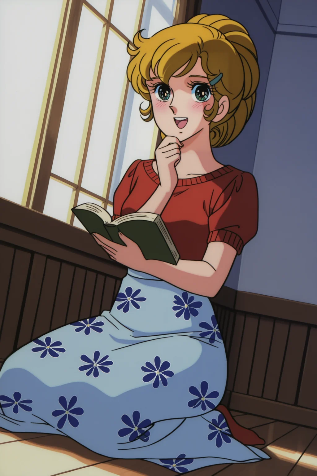<lora:VersaillesnoBara:1>, VersaillesnoBara, retro artstyle, 1girl, solo, book, hair ornament, floral print, skirt, smile, open mouth, holding, indoors, print skirt, hairclip, socks, sitting, red socks, shirt, short sleeves, hand on own chin, blush, looking at viewer, blue skirt, seiza, :d, open book, sweater, holding book, dutch angle, red shirt, long skirt, sunlight, red sweater