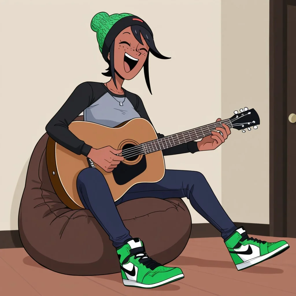 Skyla, 1girl, solo, Black hair, dark Skin, Brown Skin, freckles, Black/Red/Green Pan-African Knit Beanie, Black Long-Sleeved Gray T-Shirt, Necklace, Dark Blue Skinny Jeans, Green/White/Black Air Jordan Sneakers
 Skyla sits on a beanbag while playing acoustic guitar and smiling. A room in the background.