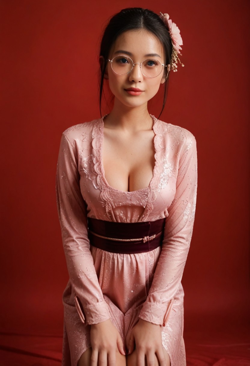 score_9,  masterpiece, 4k, HD, dramatic shadows, highly detailed, detailed skin, focused on photo subject, sharp focus, close up, 
a waist up photo of (1girl, (solo:1), human, 21 years old, Japanese, Asian, supermodel, beautiful face, (black hair:1.1), (blue eyes:1.1), bun hairstyle, white pale skin, narrow shoulder, voluptuous breasts, 40GG cup breasts, perky breasts, alluring neckline, deep cleavage, soft body, sexy body, wide hips, narrow waist, thick thighs, defined thigh gap, curvaceous big round butt), 
((on a simple light red background)), 
cute pose, front view, hands on thighs, leaning forward, displaying cleavage, standing, 
cute facial expression, blushing, glossy lips, (pink lips:1.1), mouth closed, cute smile, natural make up, 
round glasses, (tight long kebaya dress, red and pink dress color composition:1.5, very low neck cut, long sleeve, very thin material, vulgar kebaya design, sash, flower hair ornament), 
Kebaya,