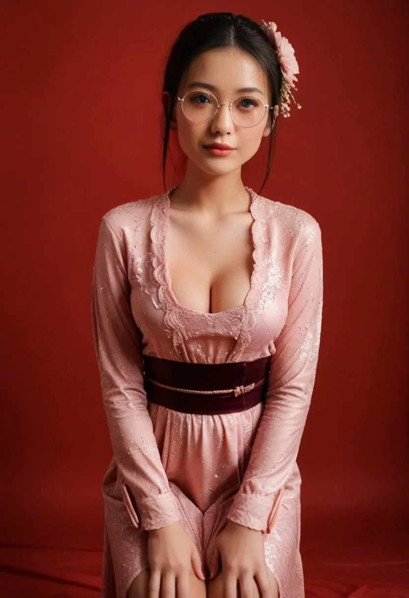 score_9, masterpiece, 4k, HD, dramatic shadows, highly detailed, detailed skin, focused on photo subject, sharp focus, close up,
a waist up photo of (1girl, (solo:1), human, 21 years old, Japanese, Asian, supermodel, beautiful face, (black hair:1.1), (blue eyes:1.1), bun hairstyle, white pale skin, narrow shoulder, voluptuous breasts, 40GG cup breasts, perky breasts, alluring neckline, deep cleavage, soft body, sexy body, wide hips, narrow waist, thick thighs, defined thigh gap, curvaceous big round butt),
((on a simple light red background)),
cute pose, front view, hands on thighs, leaning forward, displaying cleavage, standing,
cute facial expression, blushing, glossy lips, (pink lips:1.1), mouth closed, cute smile, natural make up,
round glasses, (tight long kebaya dress, red and pink dress color composition:1.5, very low neck cut, long sleeve, very thin material, vulgar kebaya design, sash, flower hair ornament),
Kebaya,