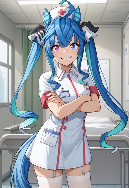 score_9, score_8_up, score_7_up, source_anime, <break> solo, 1girl, tw1nturb0, horse tail, sharp teeth, grin, looking at you, standing, crossed arms, two-tone hair, blue hair, aqua hair, ahoge, crossed bangs, twintails, hair ribbon, nurse cap, animal ears, heterochromia, purple eyes, blue eyes, @ @, nurse, white dress, collared dress, id card, short sleeves, white thighhighs, indoors, hospital
<segment:yolo-face_yolov8m.pt,0.4,0.5//cid=1>