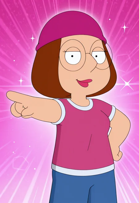 masterpiece, best quality, amazing quality, m3ggf, 1girl, brown hair, glasses, pink beanie, pink t-shirt, blue pants, pointing down, outstretched arm, hand on hip, smile, looking at viewer, cowboy shot, pink background, (colorful sparkles background, light rays:0.7),
