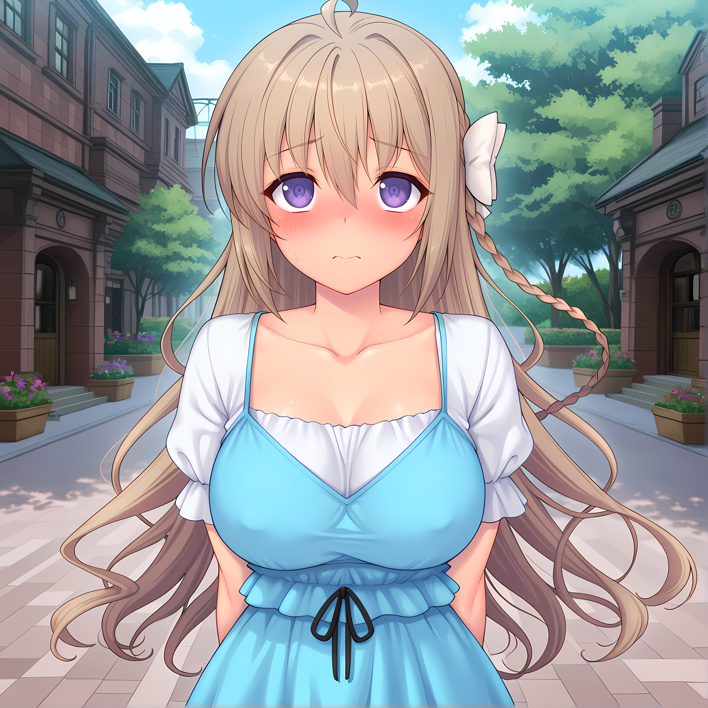 <lora:Tierna:0.9>,tierna,solo,long hair,breasts,purple eyes,large breasts,blush,brown hair,braid,hair bow,casual outfit,blush,aroused,outdoors,looking at viewer,, masterpiece,best quality,amazing quality, very aesthetic, absurdres,detailed eyes,ultra-detailed,