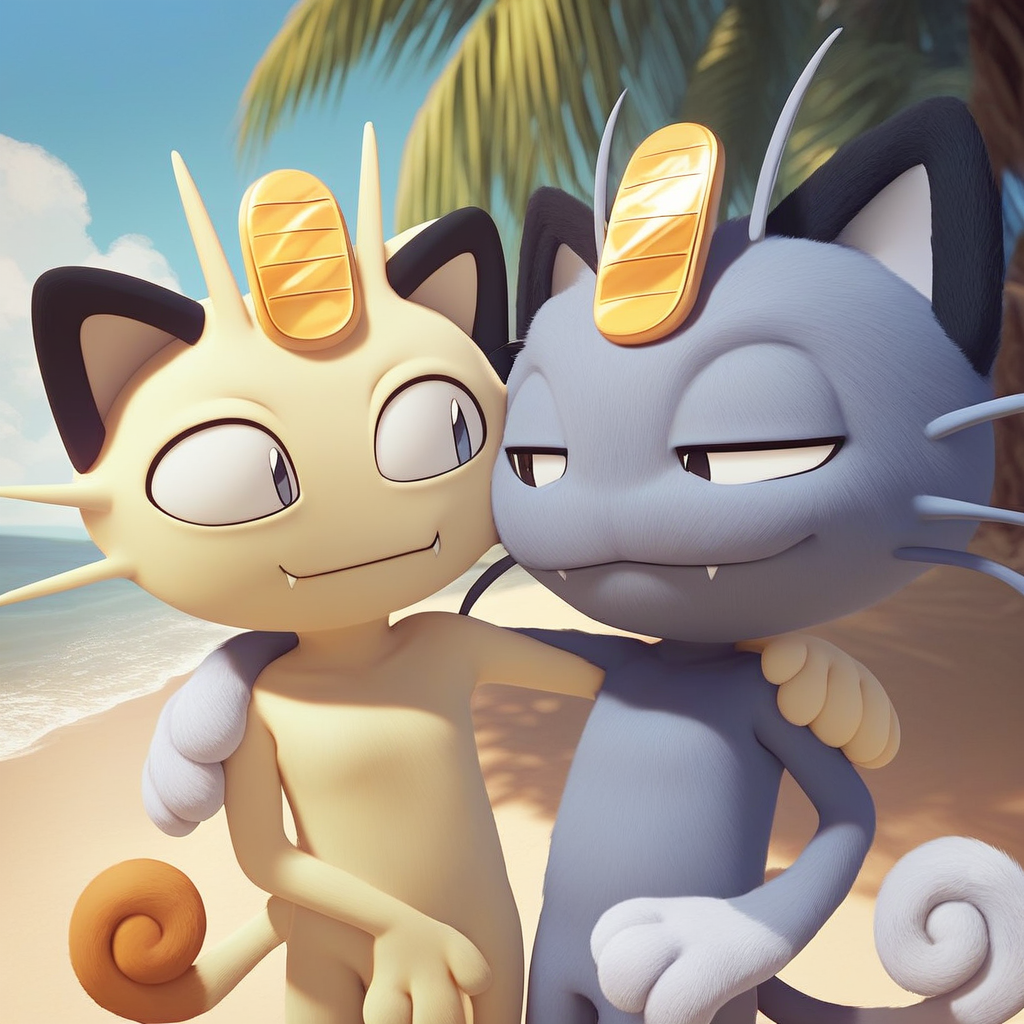 score_9, score_8_up, meowth, 2boys, alolan meowth, hand over shoulder, looking at another, meme, pokemon (creature), grey body, beach, palmtree