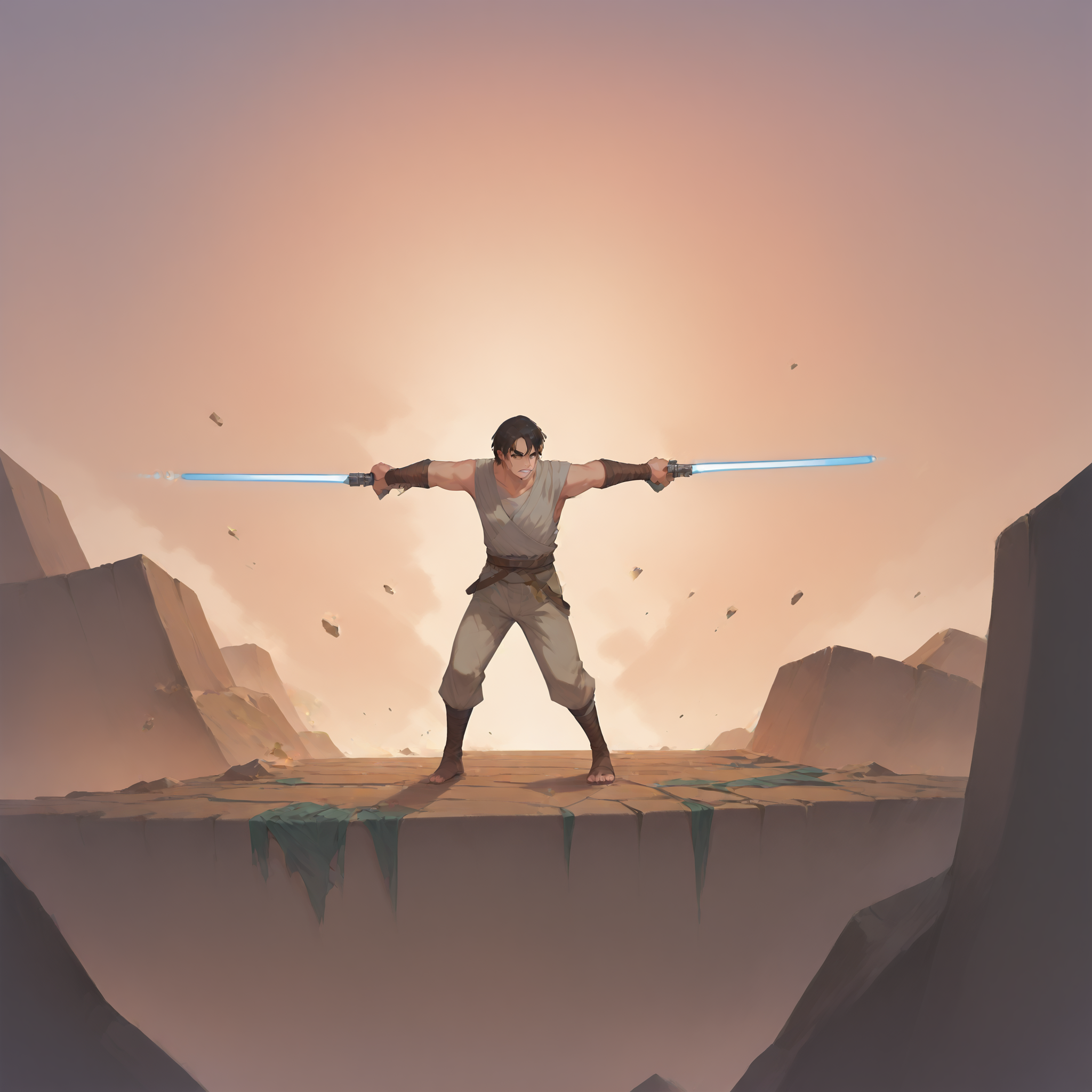(score_9,score_8_up,score_7_up,score_6_up,score_5_up,score_4_up),
best quality,masterpiece,  <lora:ReyXl:0.8>, Rey, 1boy, jedi, lightsaber, fighting, lasers, impacts, debris,