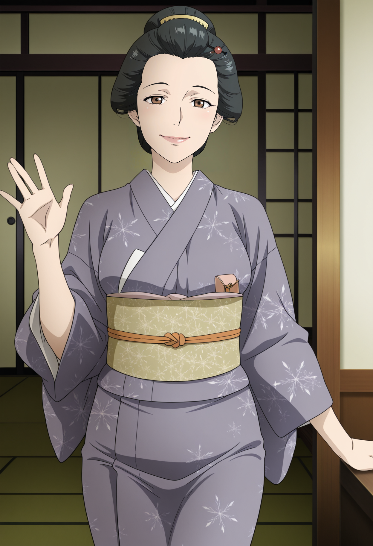 1girl,solo,mm,mature female,black hair,brown eyes,hair ornament,lips,anime coloring,
kimono,obi,sash,waving, looking at viewer, smile,cowboy shot, indoors, 
,masterpiece,best quality,amazing quality,<lora:Hisae_Hasegawa-Onihei:0.8>