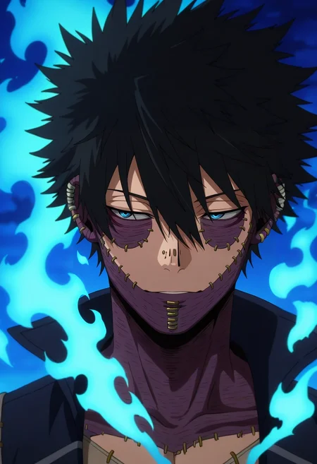 masterpiece, best quality, , anime screencap, , , , 1boy, solo, male focus, <lora:dabi_bnha_ilxl:0.96>, dabi_bnha, black hair, blue eyes, short hair, spiked hair, hair between eyes, messy hair, bangs, scar, burn scar, scar on face, piercing, ear piercing, stitches, blue fire, ,