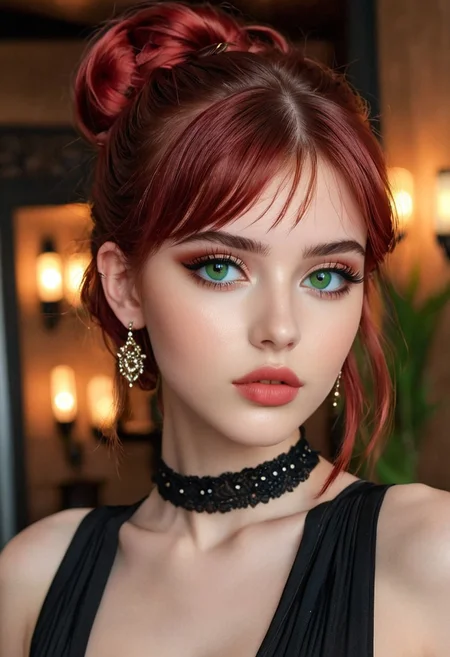 20 year old Turkish girl, pose 1:1, full view, green eyes, pale skin, puffy lips, makeup, eye contact, hairclip, light red hair, very short hair, hair up, double bun, hair flaps, asymmetrical bangs, long bangs, x hair ornament, dark red lips, red eyeshadow, mascara, eyeliner, stud earrings, piercing, blush, flat chest, epic action, Unreal Engine, cinematic award winning artwork, many details, extreme detailed, full of details,Wide range of colors., dramatic, Dynamic,Cinematic,Sharp details, Insane quality. Insane resolution. Insane details. Masterpiece. 32k resolution. casting shadow style, cucoloris patterned illumination, <lora:add-detail-xl:1>