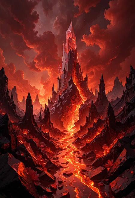 (8k landscape photography:1.2) an massive shiny crystal glass tower in an ethereal hell landscape surrounded by glowing flower crystals, a red sky,cloudy sky