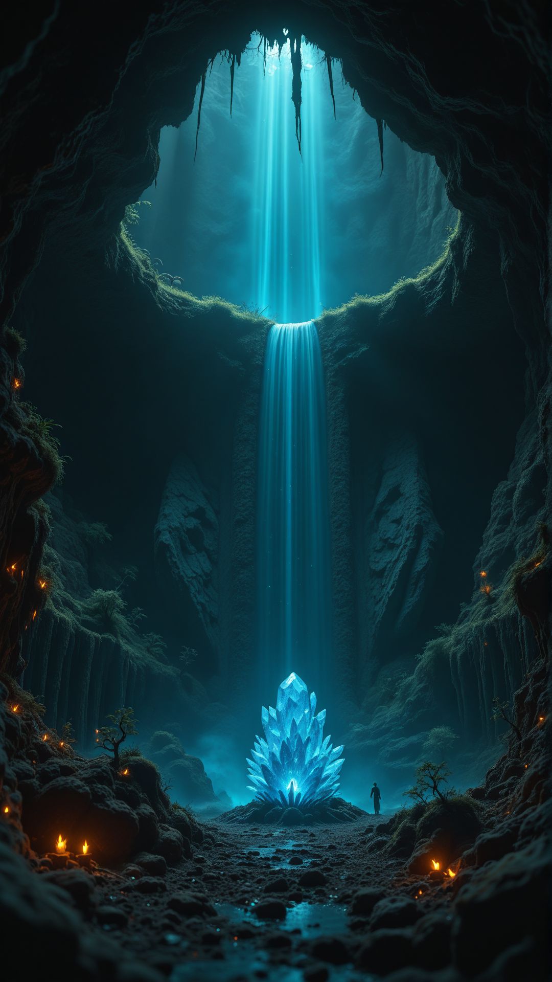 first-person view, deep in a mystical cave, glowing crystals casting blue light, underground waterfall, shimmering ancient ruins, fantasy adventure vibes 
, aidmafluxpro1.1 <lora:aidmaFLuxPro1.1_v0.3_IL:0.85>