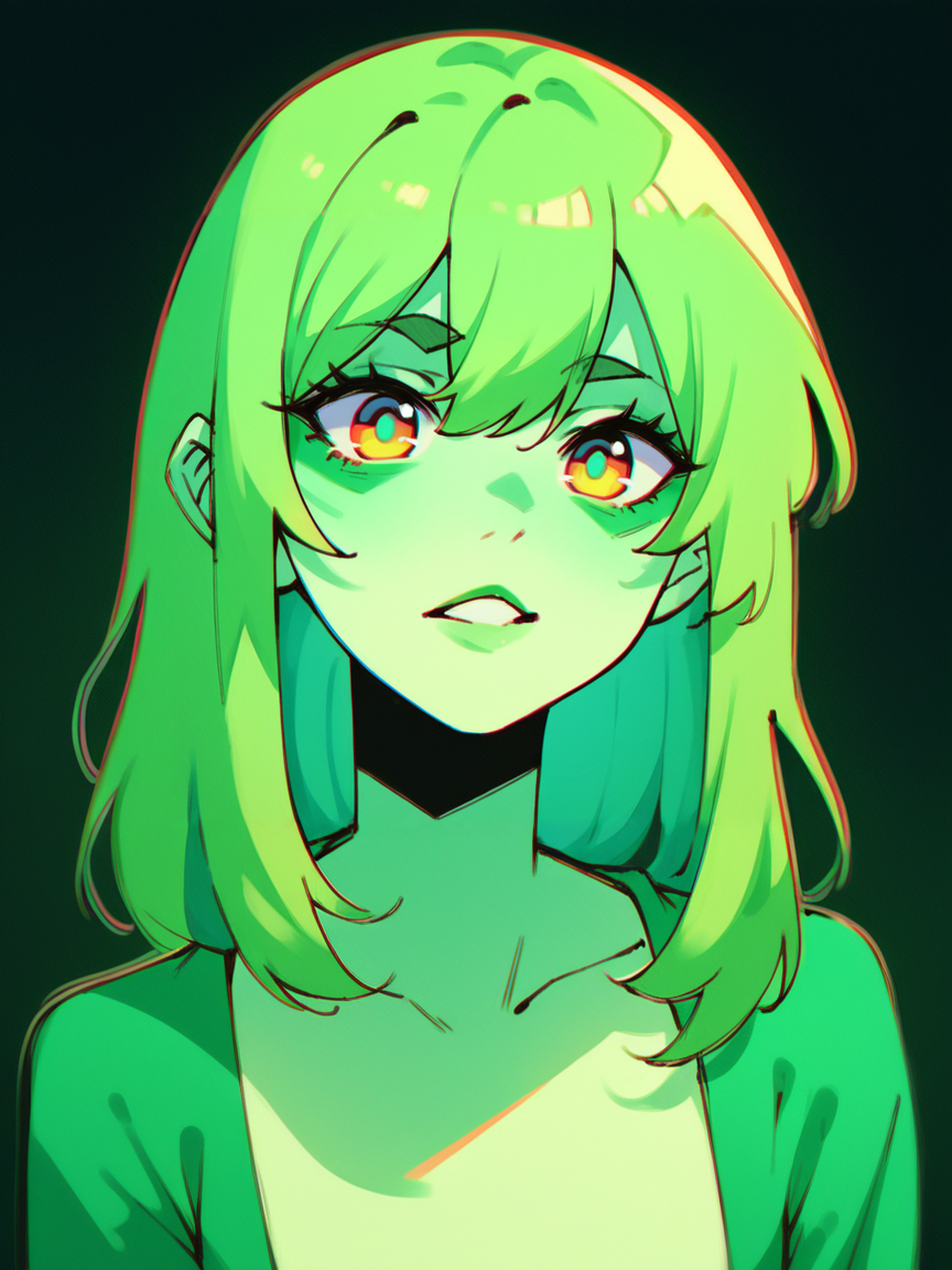 score_9, score_8_up, score_7_up, score_6_up,   <lora:st4t1ctvXLP:1> st4t1ctv, chromatic aberration, green theme, 1girl