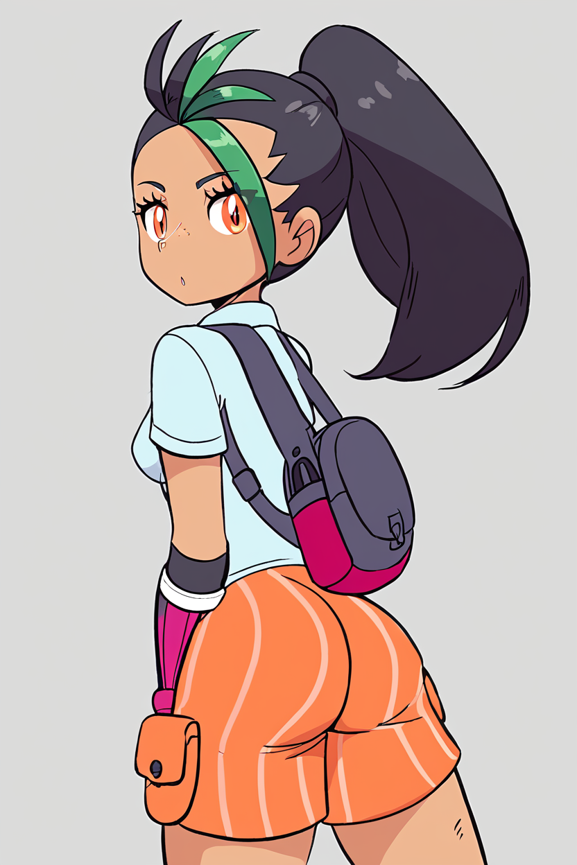 score_9, score_8_up, score_8, medium breasts, (curvy), cute, eyelashes,     Nemona \(Pokemon\), black hair, green hair, orange eyes, dark skin, multicolored hair, two-tone hair, hair pulled back, collared shirt, fingerless gloves, orange shorts, backpack   <lora:Nemona_Pokemon_P1:0.8>,   <lora:Diives_P1:1>,
